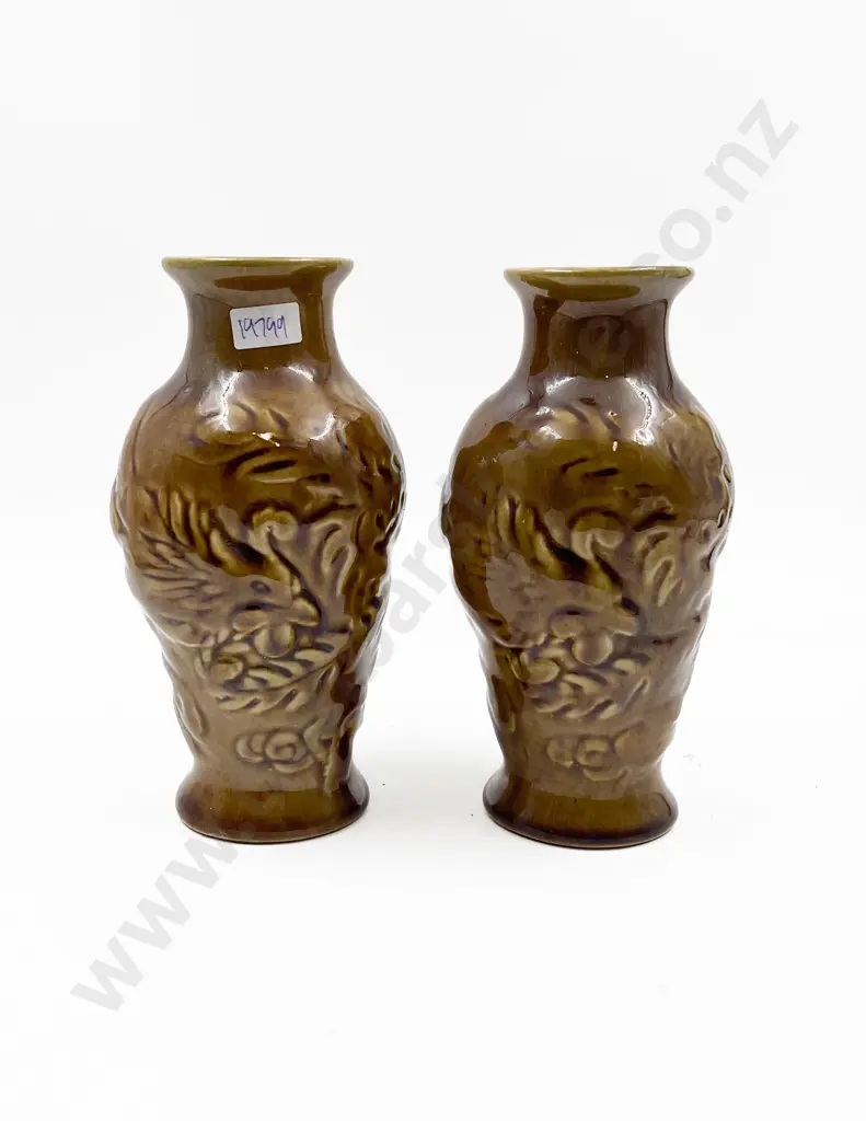 Two Glazed Relief Moulded Dragon Decorated Vases Image 1++