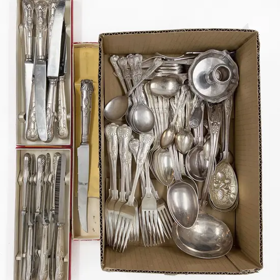 Box Quantity of Assorted Kings Pattern Cutlery etc