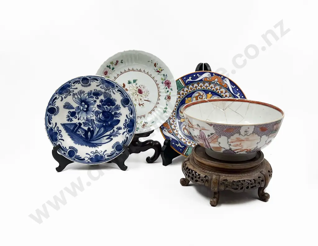 Two Antique Chinese Bowls with Antique Plate and Stands Image 1++