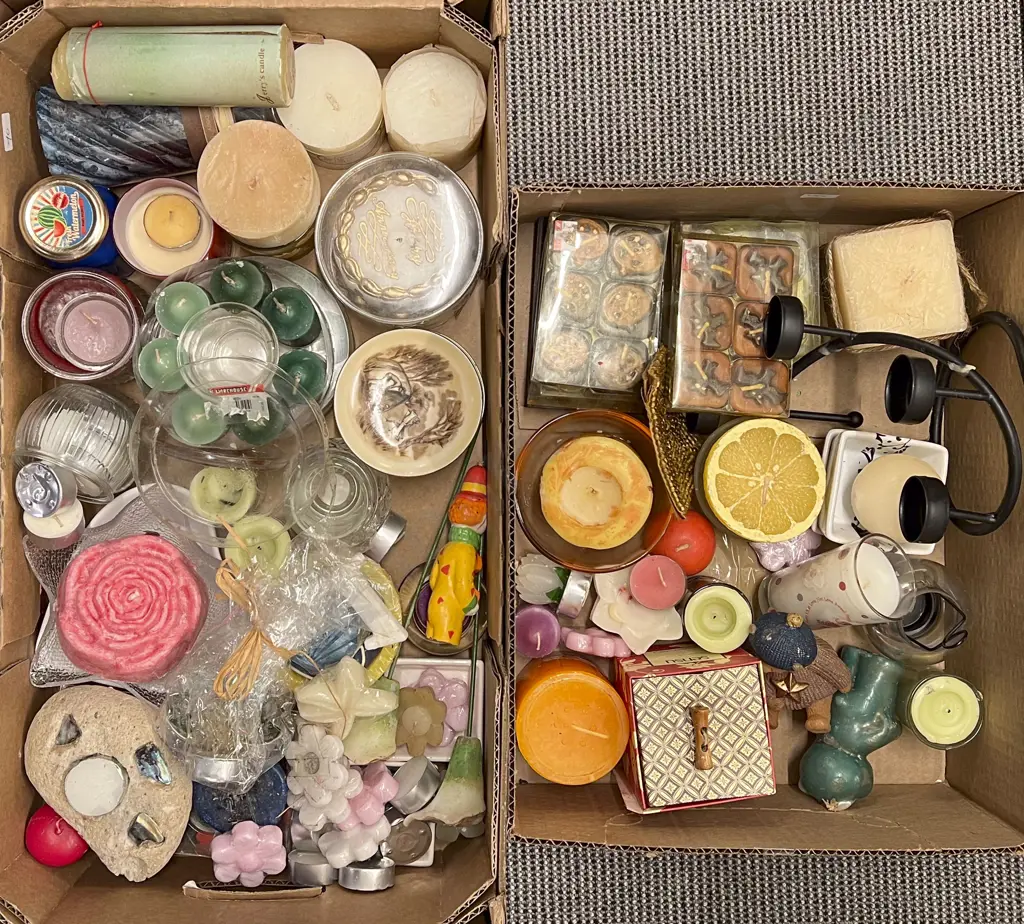 Two Boxes of Assorted Candles and Candle Holders Image 1++