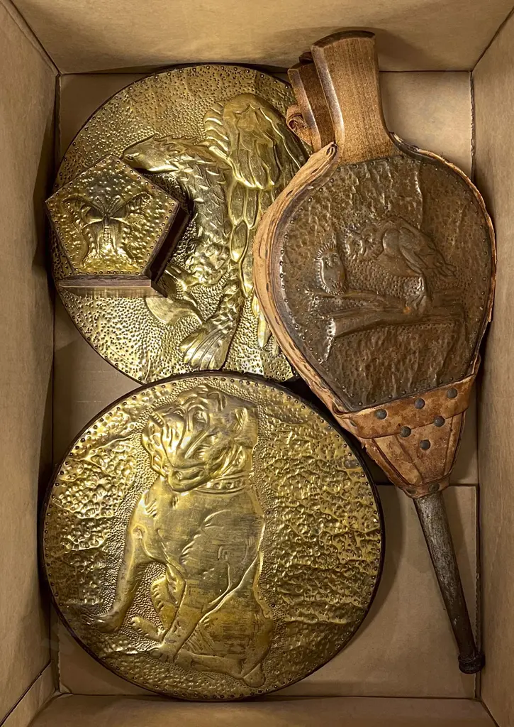 Box Including Vintage Bellows with Brass and Wooden Wall Hangings etc Image 1++