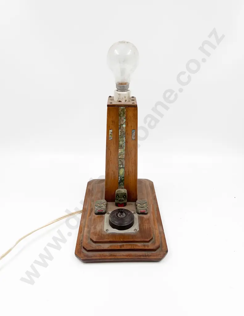 Vintage Table Lamp with Paua Inlay and Maori Motifs Image 1++
