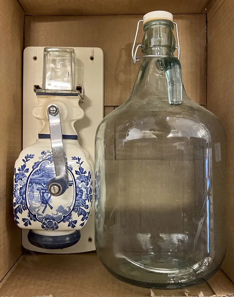Blue and White Wall Mount Coffee Grinder with Large Glass Jar Image 1++