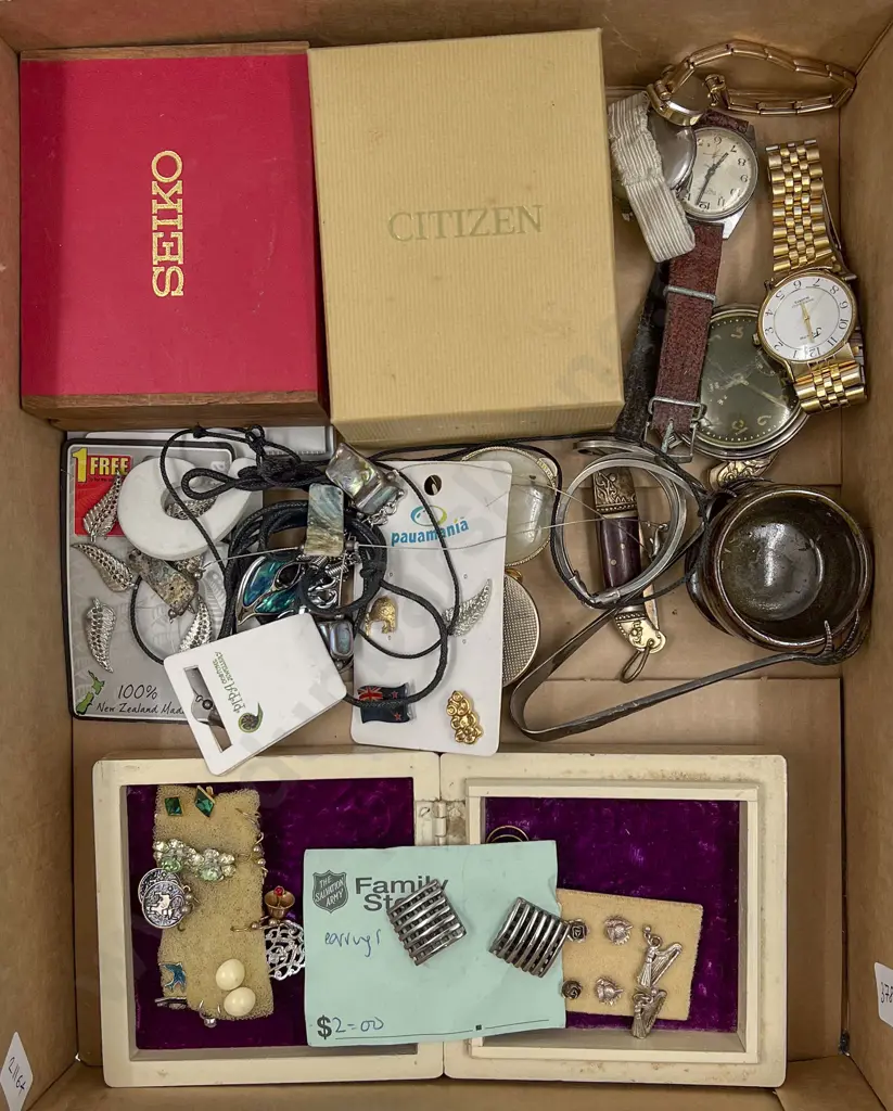 Box of Assorted Necklaces and Brooches Together with Watches etc Image 1++