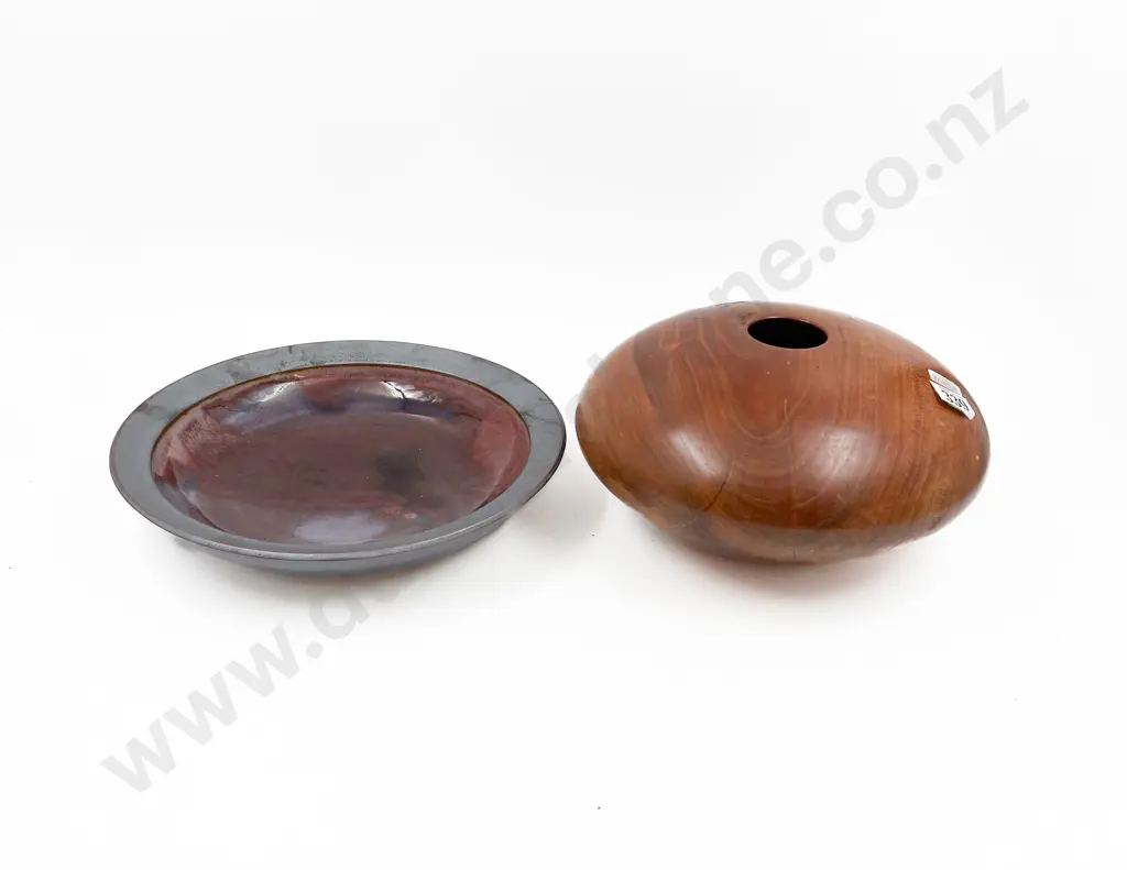 Paul Winspear Pottery Bowl Together with Turned Wood Vase Image 1++