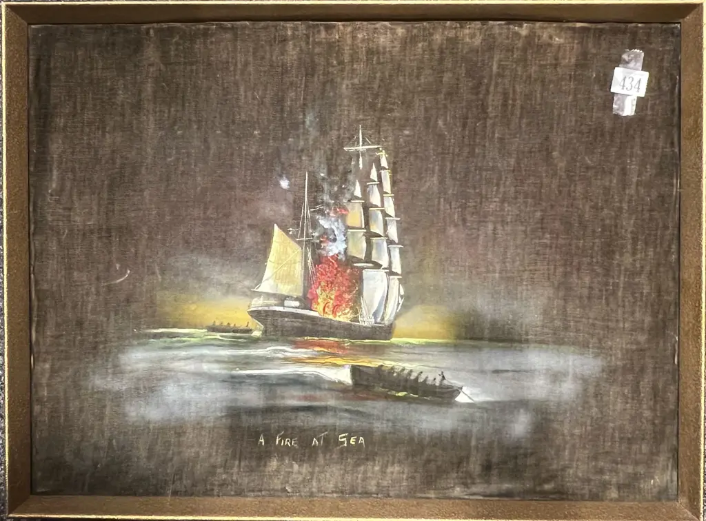 A Fire At Sea - Oil on Felt Image 1++