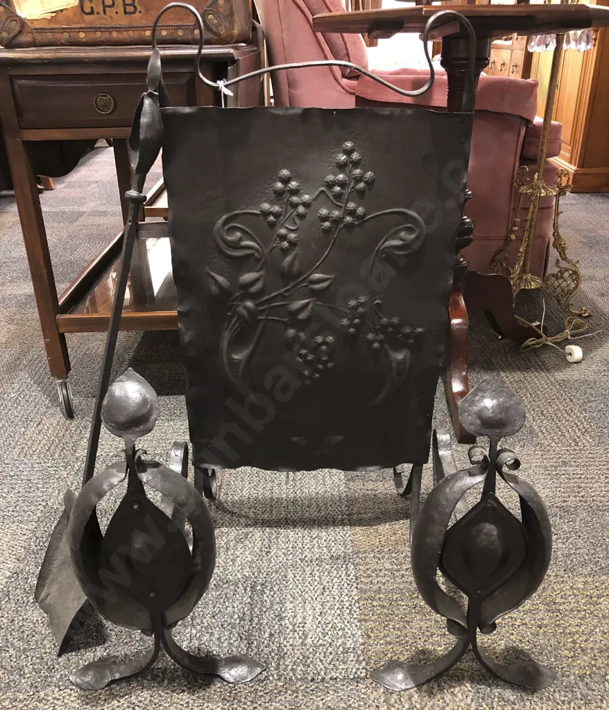 Circa 1900s Arts+Crafts Fire Screen with Fire Dogs and Shovel Image 1++