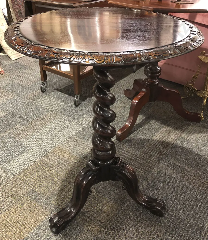 Carved Edge Tripod Based Wine Table with Barley Twist Support Image 1++