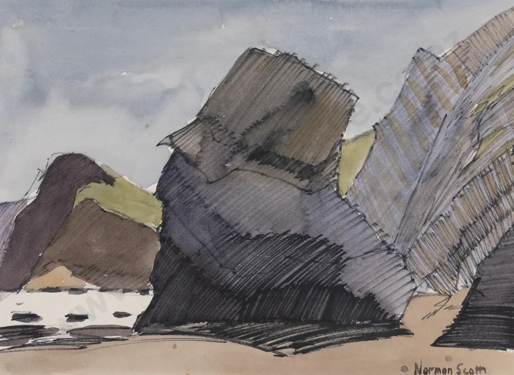 Norman W J Scott (1931 - 1978) - Rock Formations Waioeka Gorge Image 1++
