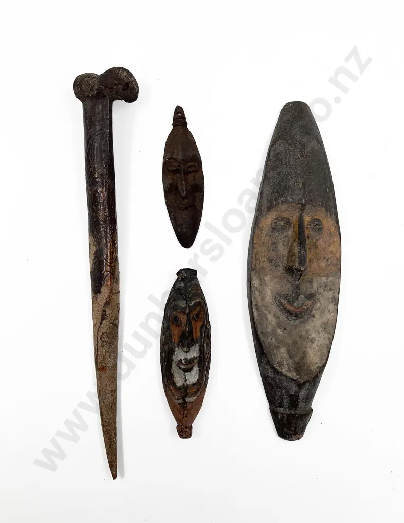 Three Papua New Guinea Flute Masks With Cassowary Dagger Image 1++