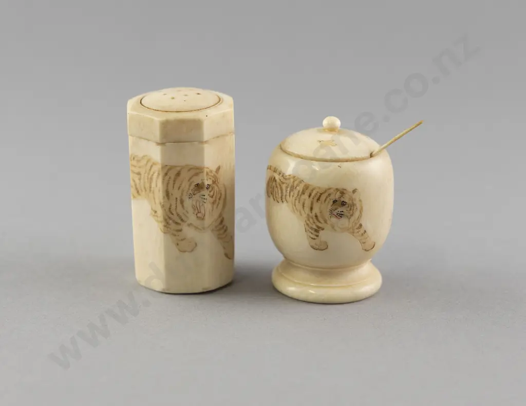 Carved Ivory Condiment Containers With Tiger And Rabbit Incised Designs Image 1++
