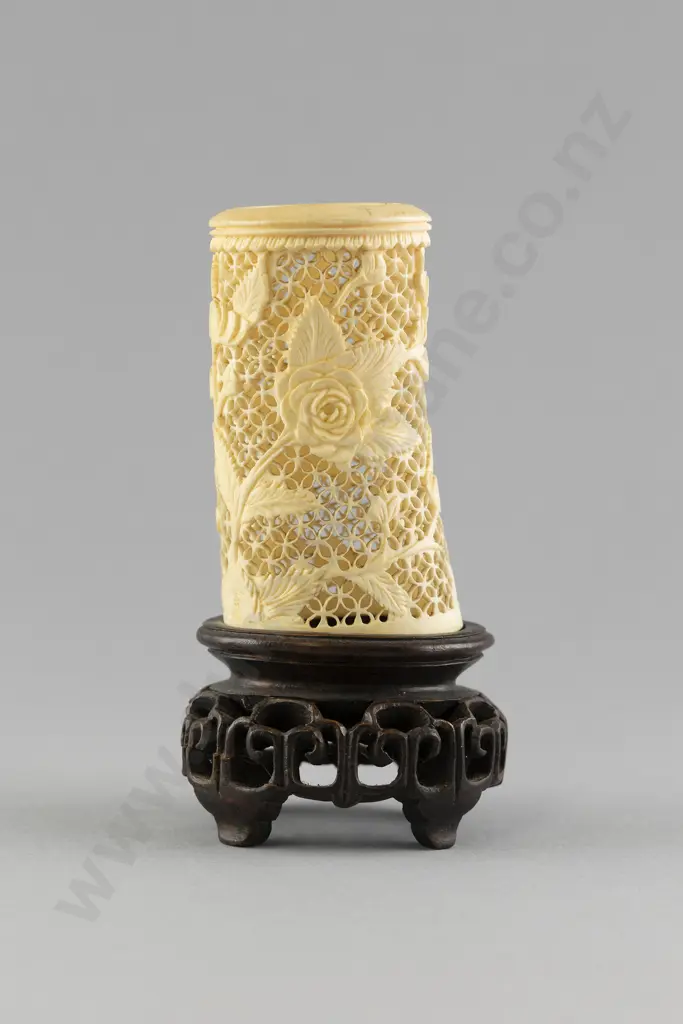 Carved Ivory Vase With Pierced And Floral Designs Image 1++