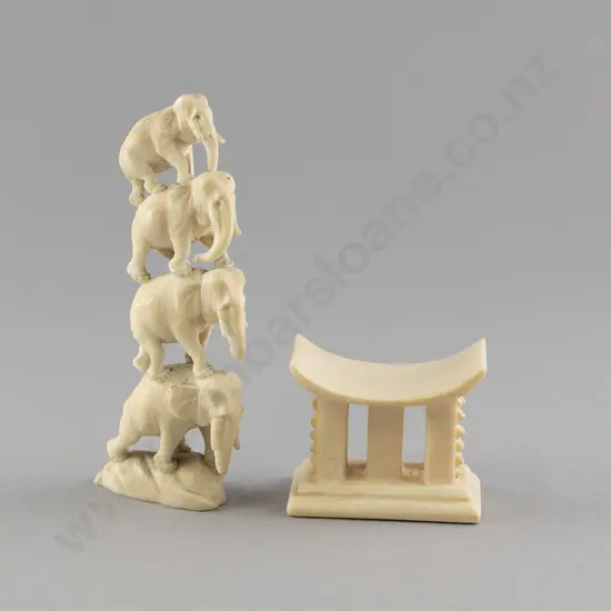 Carved Ivory Elephant Group With Carved Ivory Pedestal