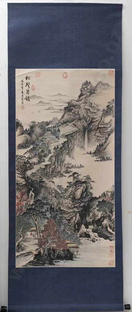 Chinese Scroll Depicting Pagodas And Mountain Landscape Image 1++