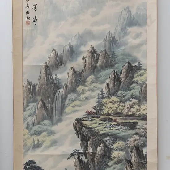 Chinese Scroll Depicting Pagoda And Mountain Landscape
