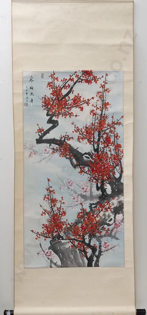 Chinese Scroll Depicting Cherry Blossom Scene Image 1++