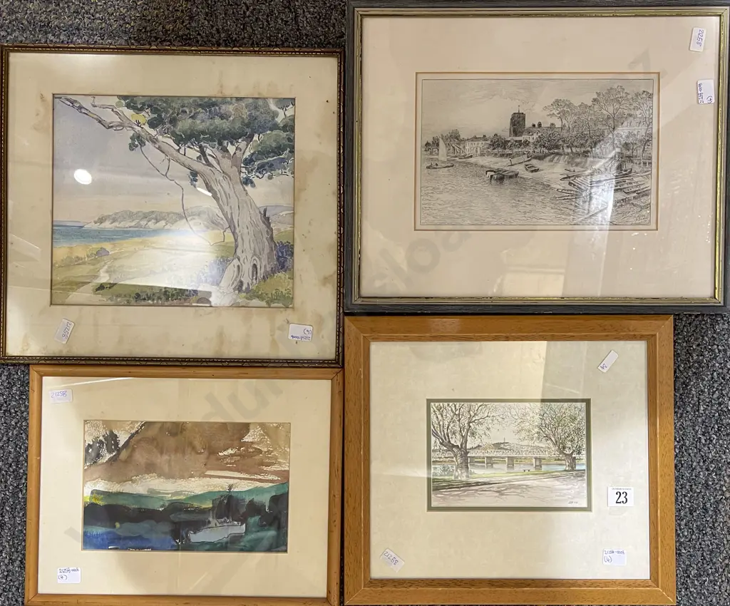 Three Framed W/C together with Framed Etching (4) Image 1++