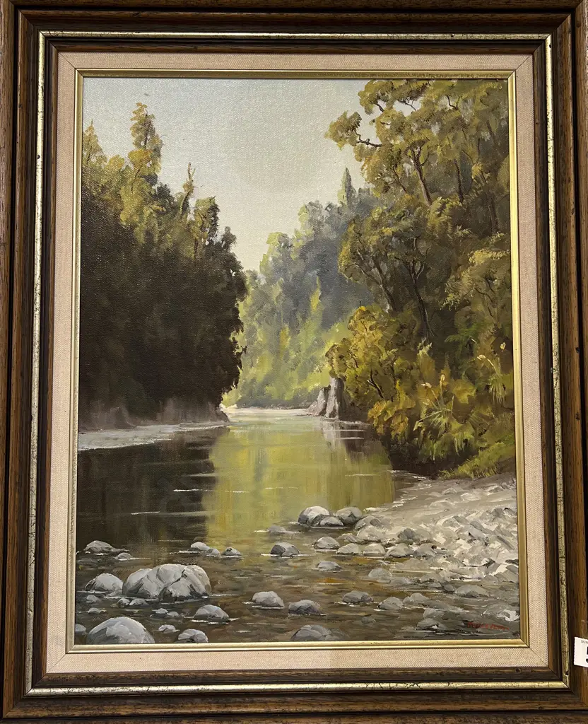 R V Stevens - Rock Pool Waiohine Gorge - Oil on Board Image 1++