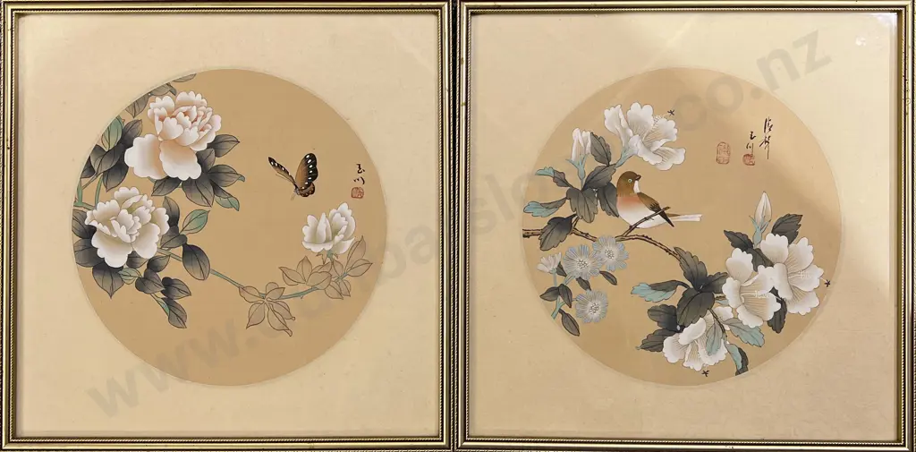 Pair Framed Japanese Bird & Butterfly Handpainted Watercolours on Silk Image 1++