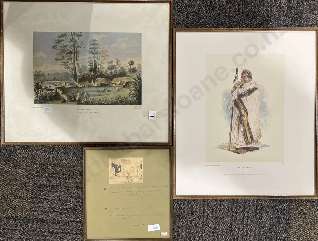 Two Framed Historical Prints and Framed Tom Scott Cartoon Image 1++