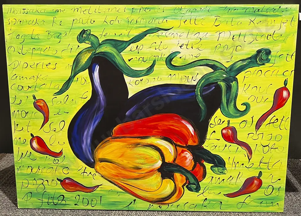 Paula Fitzgerald - Eggplant Chillies Peppers - Acrylic on board Image 1++