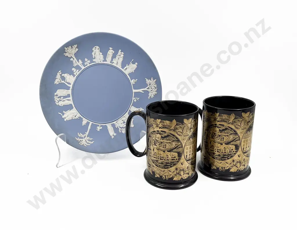 Pair of Wedgwood Commemorative Mugs on Wedgwood Plate Image 1++