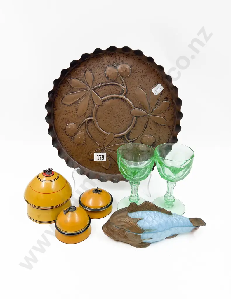 Pair of Press Glass Goblets together with Fish Form Dish and Three Trinket Boxes Image 1++