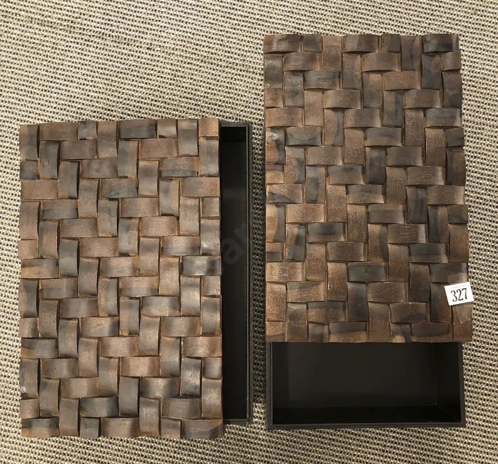 Two Large Decorator Boxes with Plaited Wooden Lids Image 1++