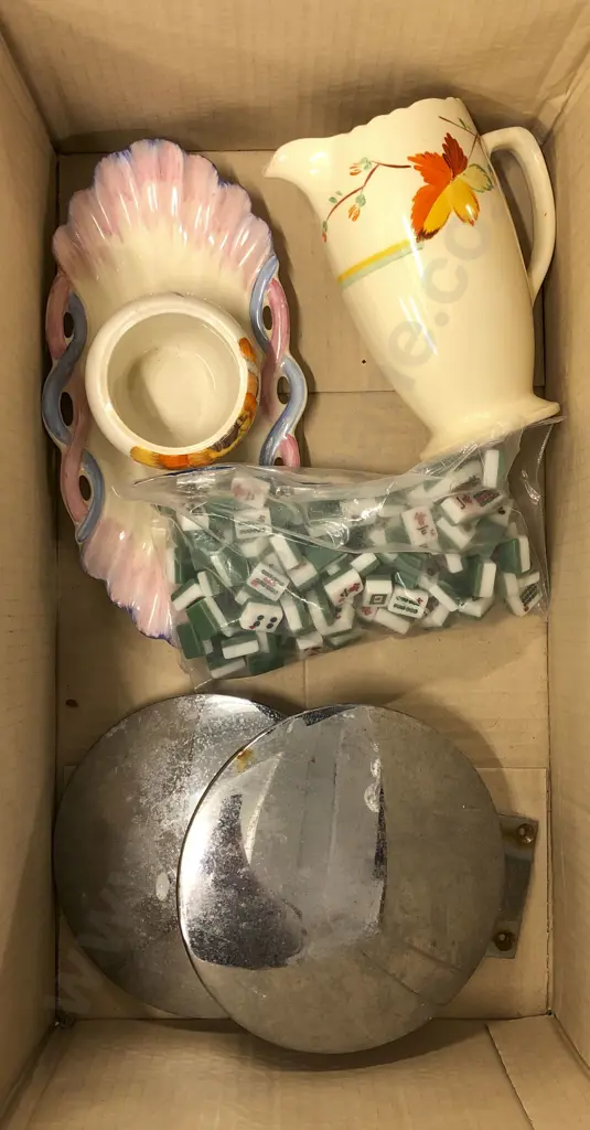 Box of Assorted Including Clarice Cliff and Large Vintage Door Handles Image 1++