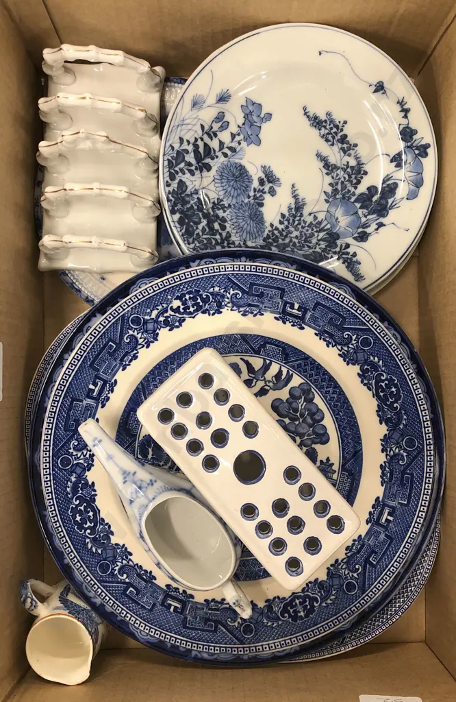 Box of Assorted Blue and White China Image 1++