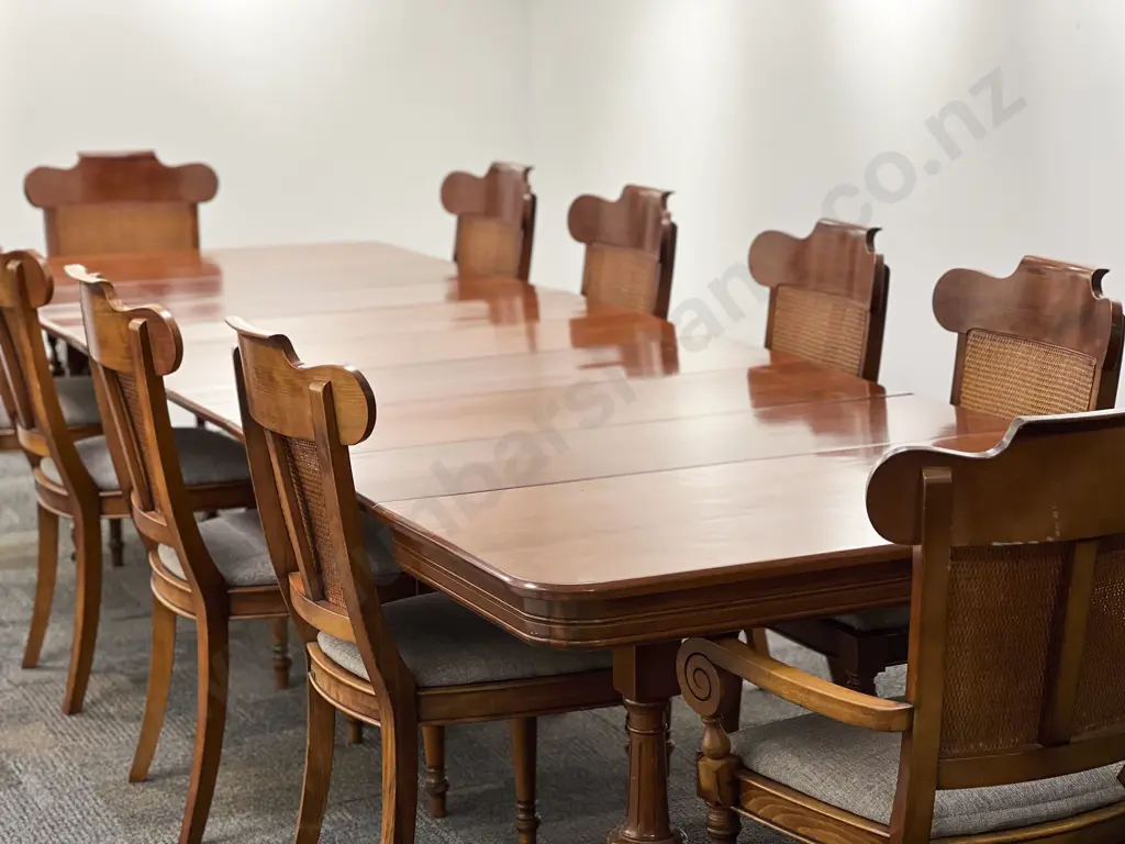 Large Mahogany Extension Dining Table with Ten Grange Dining Chairs comprising eight single and Two Carvers Image 1++