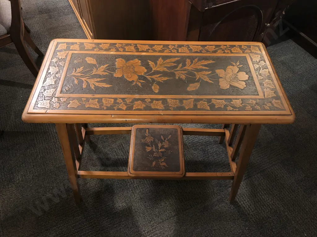 Vintage Two Tier Occasional Table with Floral Design Image 1++