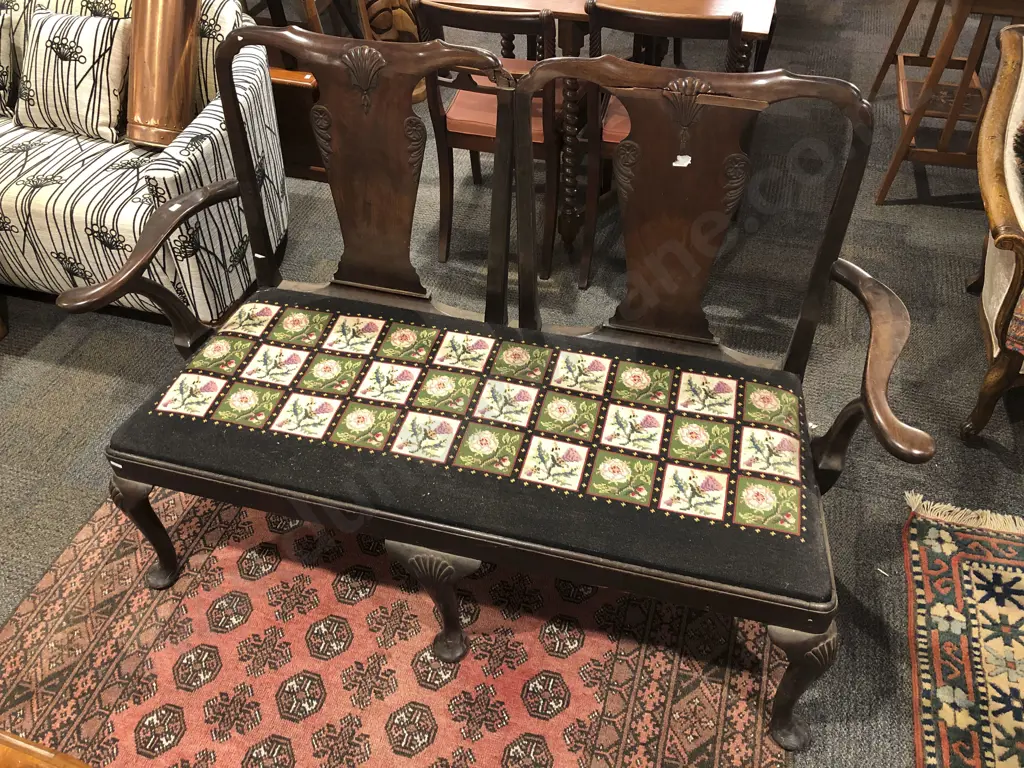 Antique Mahogany Tapestry Seated Settee Image 1++