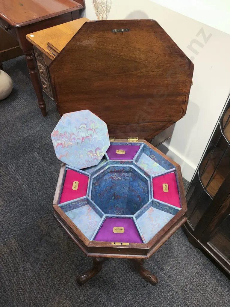Octagonal Victorian Sewing Table with Fitted Interior Image 1++