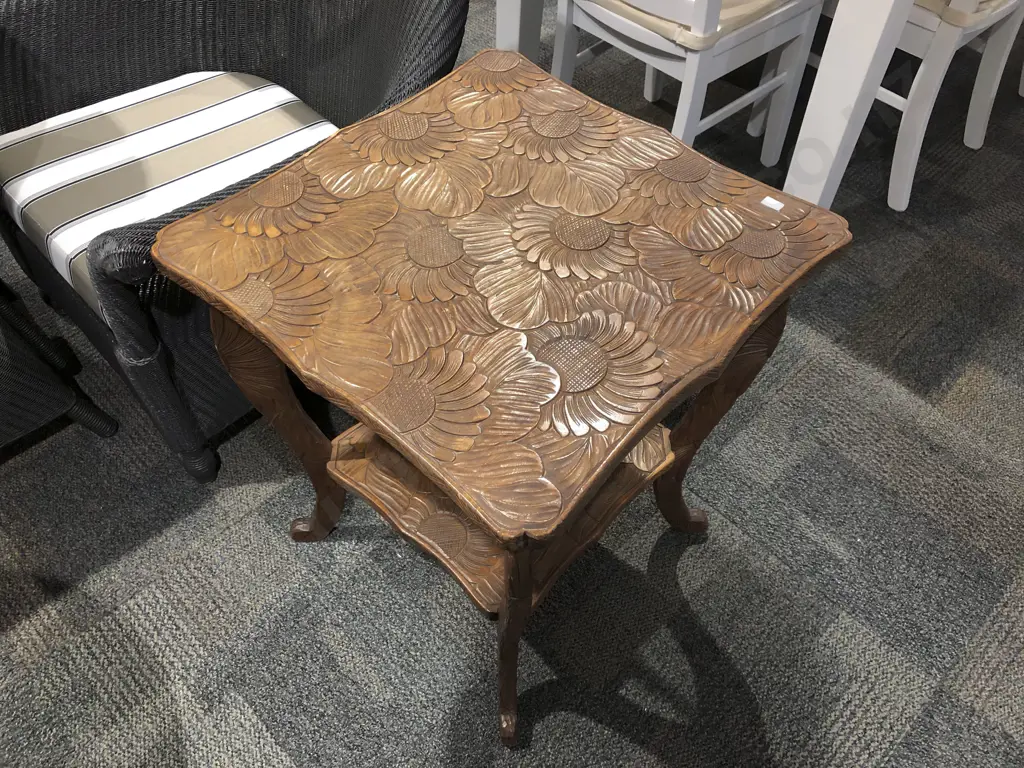 Carved Two Tier Occasional Table with Floral Design Image 1++
