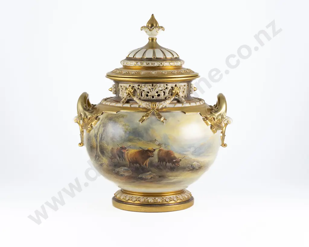 A Superb Royal Worcester Hand Painted Handled Pot Pourri Urn and Cover Image 1++