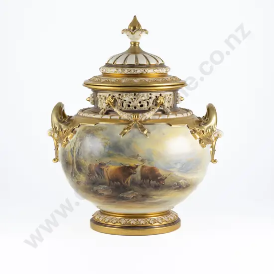 A Superb Royal Worcester Hand Painted Handled Pot Pourri Urn and Cover