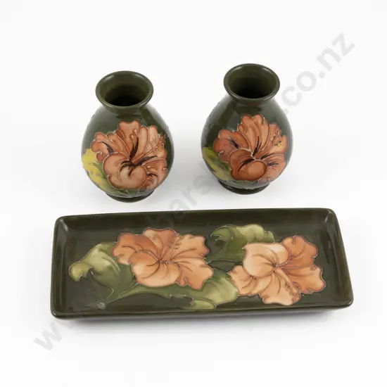 Walter Moorcroft Coral Hibiscus Pattern Rectangular Pen Tray & Pair Of Small Baluster Vases