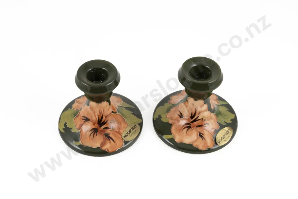 Pair Of Moorcroft Coral Hibiscus Pattern Candlesticks Image 1++