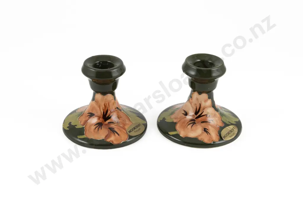 Pair Of Moorcroft Coral Hibiscus Pattern Candlesticks Image 1++