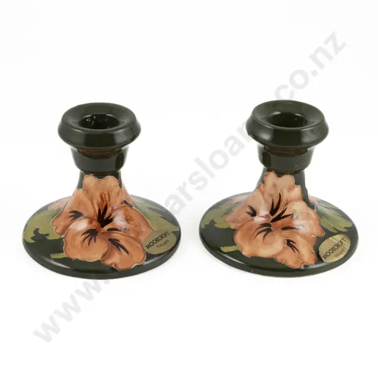 Pair Of Moorcroft Coral Hibiscus Pattern Candlesticks