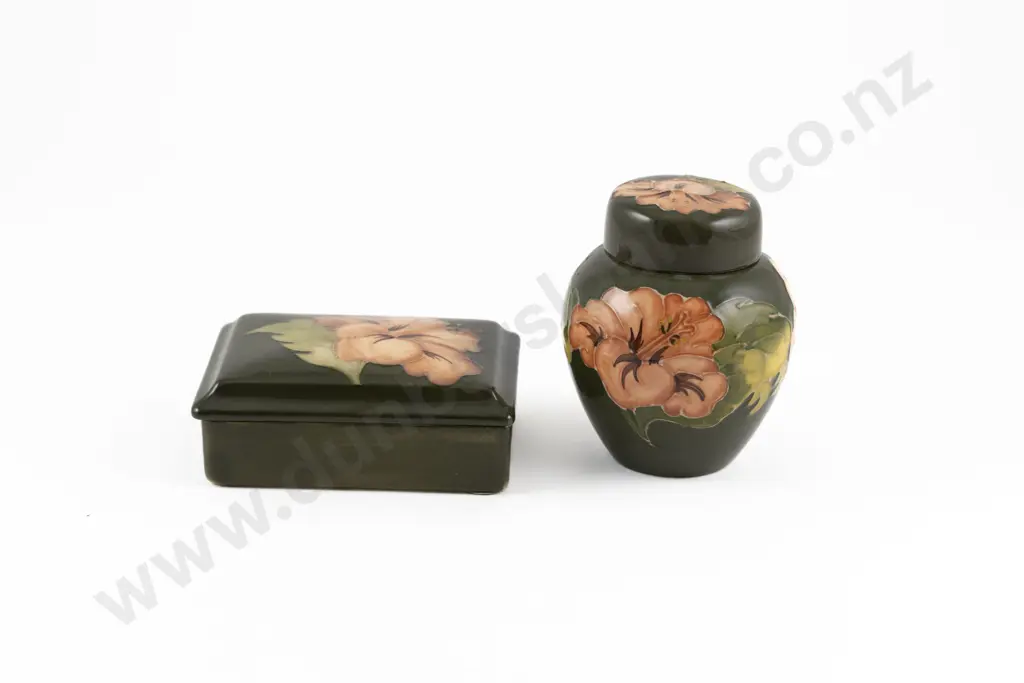 Moorcroft Coral Hibiscus Pattern Lidded Trinket/Cigarette Box & Ginger Jar Image 1++