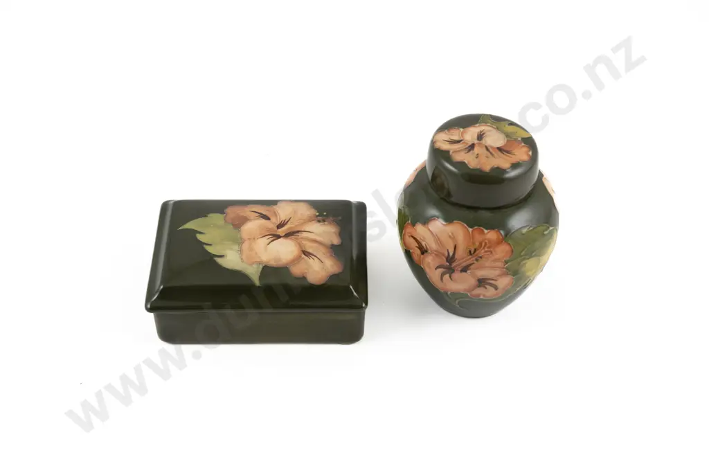 Moorcroft Coral Hibiscus Pattern Lidded Trinket/Cigarette Box & Ginger Jar Image 1++