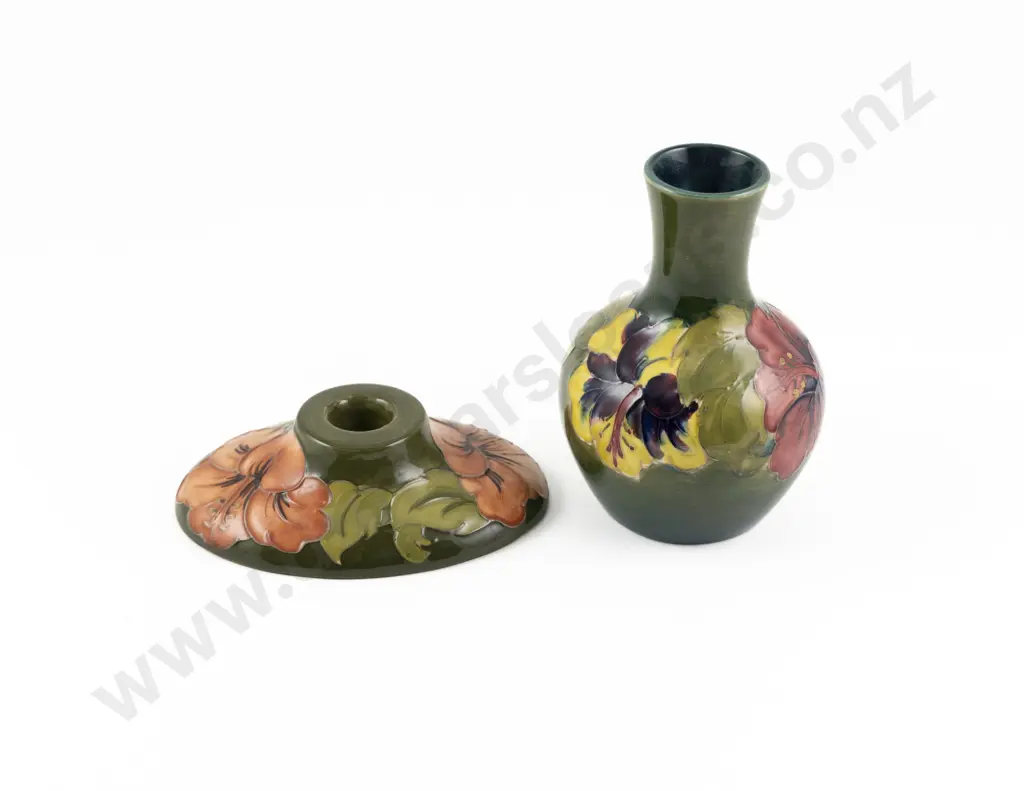 Small Moorcroft Hibiscus Pattern Vase & Coral Hibiscus Candlestick Image 1++