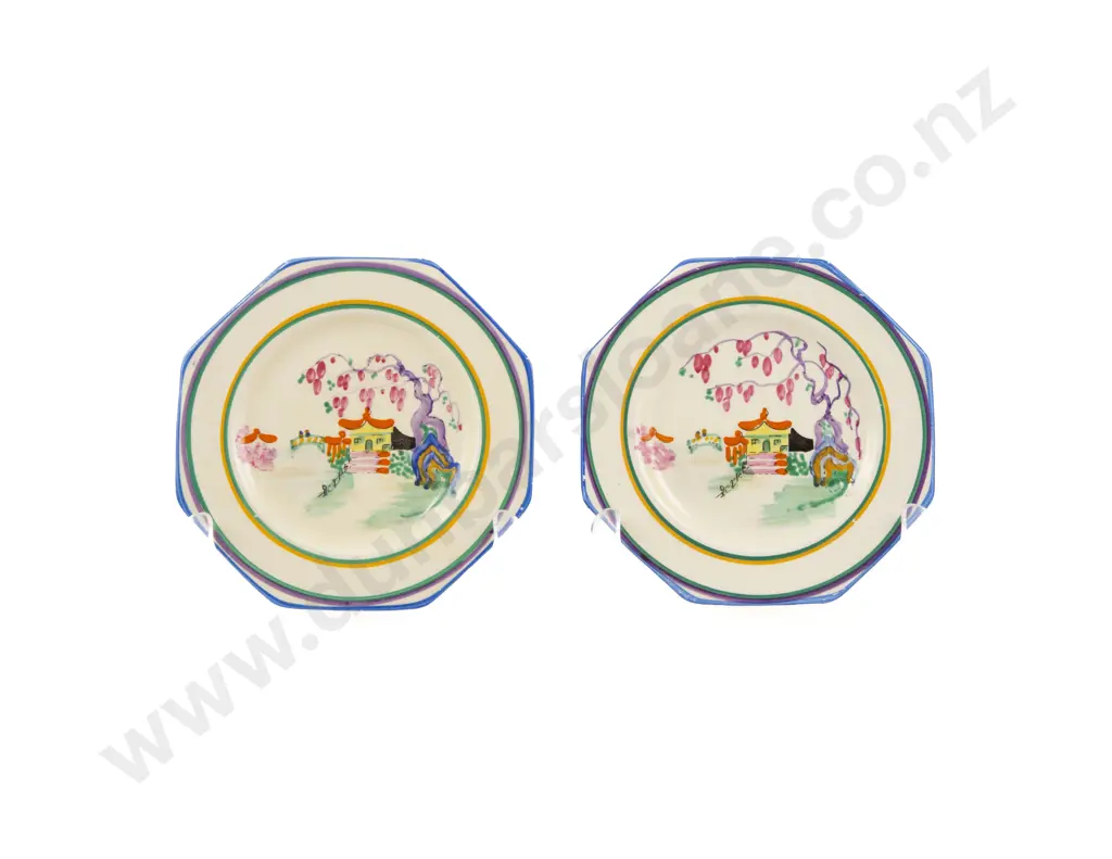 Pair Clarice Cliff Rare Pagoda Pattern Dishes Image 1++