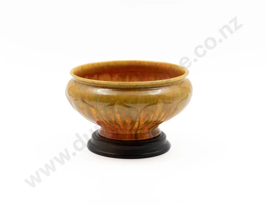 Royal Lancastrian Orange & Gold Glazed Footed Bowl On Wooden Stand Image 1++