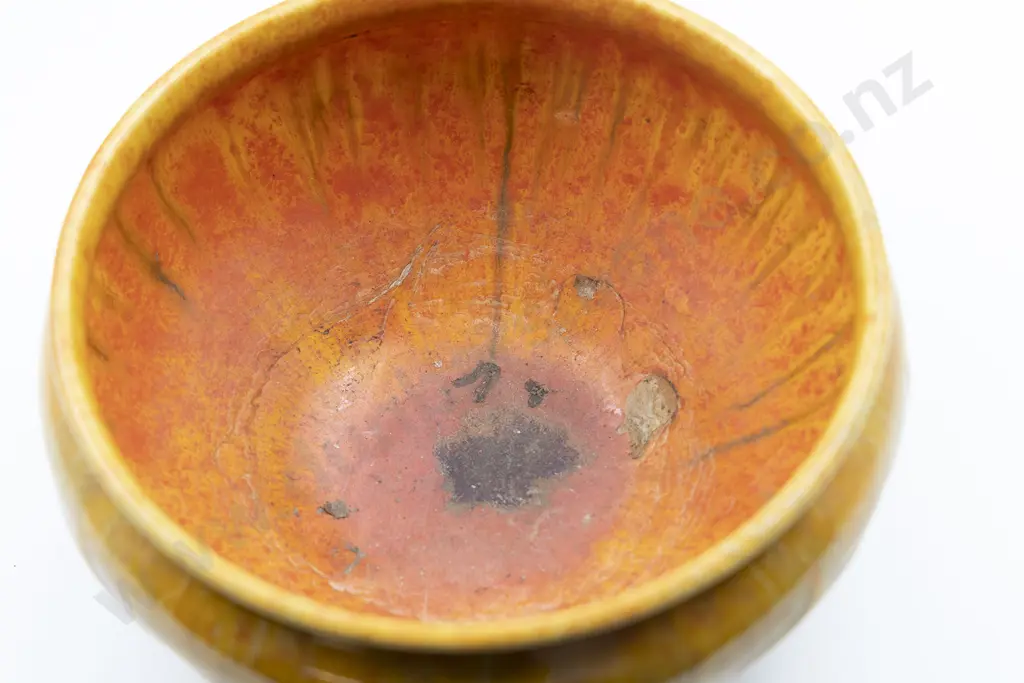 Royal Lancastrian Orange & Gold Glazed Footed Bowl On Wooden Stand Image 1++
