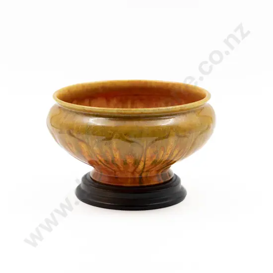 Royal Lancastrian Orange & Gold Glazed Footed Bowl On Wooden Stand