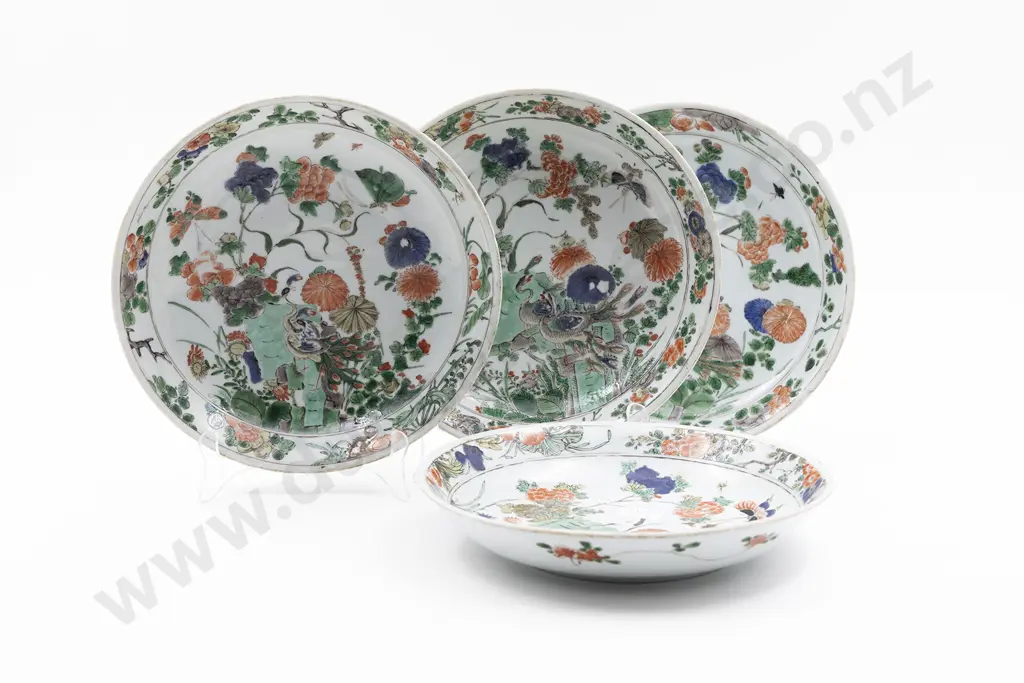 Set Of 4 C19th Cantonese Famille Verte Export Ware Shallow Bowls Image 1++