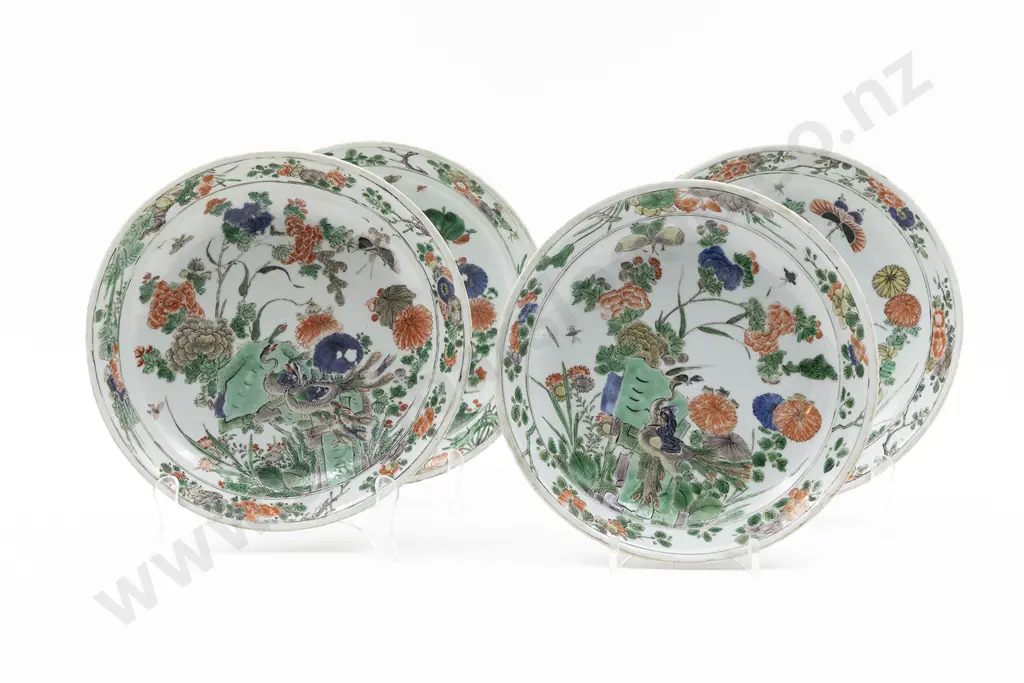 Set Of 4 C19th Cantonese Famille Verte Export Ware Shallow Bowls Image 1++